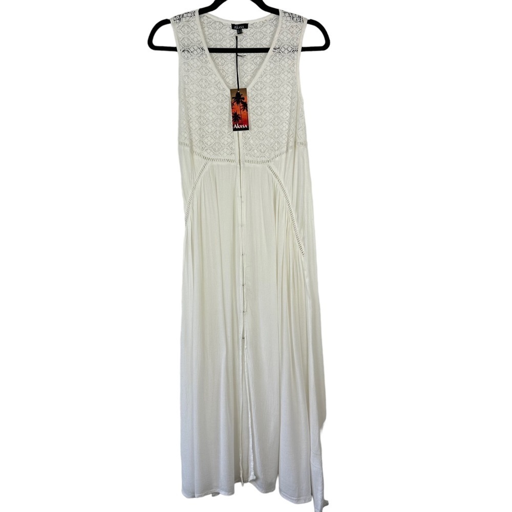 NWT Akasa‎ Sz 6 Women's White Crochet Lace Vneck Hook Eye Front Cover Up Boho
